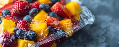 Bag of frozen fruit medley with strawberries, blueberries, and mango chunks. photo