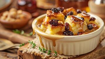 Warm bread pudding with raisins and a bourbon caramel sauce, served in a ramekin. photo