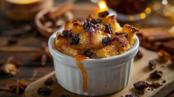 Warm bread pudding with raisins and a bourbon caramel sauce, served in a ramekin. photo