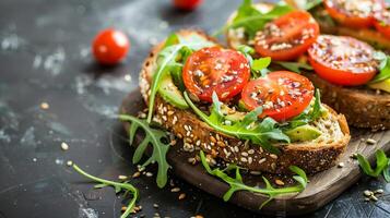Whole grain avocado toast topped with cherry tomatoes, arugula, and a sprinkle of hemp seeds. photo