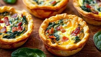 Mini quiches filled with spinach, bacon, and cheese, baked in a flaky pastry shell photo