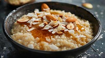 Quinoa porridge topped with sliced almonds, coconut flakes, and a drizzle of maple syrup. photo