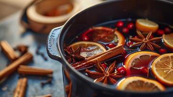 Warm mulled wine with spices, citrus slices, and cinnamon sticks in a pot. photo