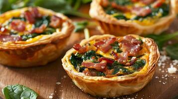 Mini quiches filled with spinach, bacon, and cheese, baked in a flaky pastry shell photo