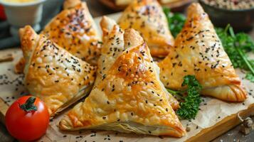 Savory spinach and feta cheese pastries, shaped into triangles and baked to perfection. photo