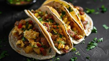 Breakfast tacos filled with scrambled eggs, chorizo, diced potatoes, and salsa verde. photo
