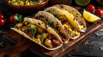 Breakfast tacos filled with scrambled eggs, chorizo, diced potatoes, and salsa verde. photo