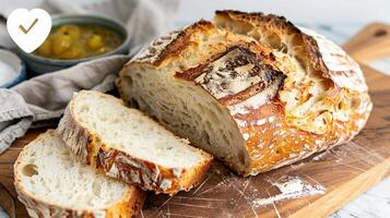 Rustic sourdough bread loaf with a crispy crust, sliced and displayed on a cutting board. photo