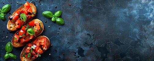 Classic bruschetta with diced tomatoes, garlic, basil, and balsamic glaze on toasted baguette slices. photo