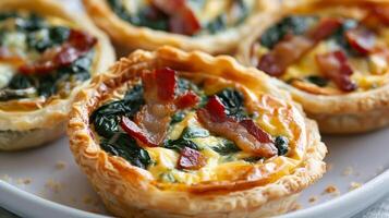 Mini quiches filled with spinach, bacon, and cheese, baked in a flaky pastry shell photo