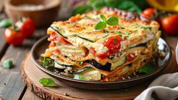 Summer vegetable lasagna with layers of zucchini, eggplant, tomatoes, and ricotta cheese. photo
