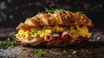 Croissant breakfast sandwich with scrambled eggs, ham, and Swiss cheese, served warm. photo