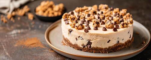 Creamy chocolate chip cookie dough cheesecake, garnished with cookie crumbles. photo