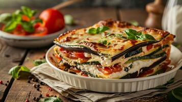 Summer vegetable lasagna with layers of zucchini, eggplant, tomatoes, and ricotta cheese. photo