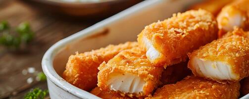 Box of frozen fish sticks made with flaky white fish and a crunchy coating. photo