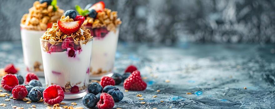 vistoso Fruta y yogur parfait tazas con capas de Granola y bayas. foto