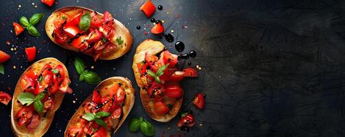 Classic bruschetta with diced tomatoes, garlic, basil, and balsamic glaze on toasted baguette slices. photo