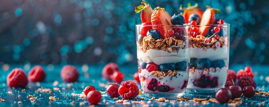 vistoso Fruta y yogur parfait tazas con capas de Granola y bayas. foto