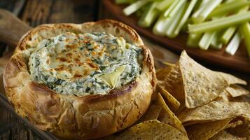Spinach and artichoke dip served in a bread bowl with tortilla chips and celery sticks. photo