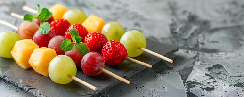 Colorful rainbow fruit skewers with strawberries, grapes, pineapple, and melon balls. photo