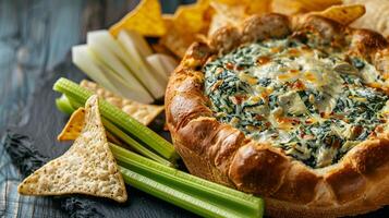 Spinach and artichoke dip served in a bread bowl with tortilla chips and celery sticks. photo