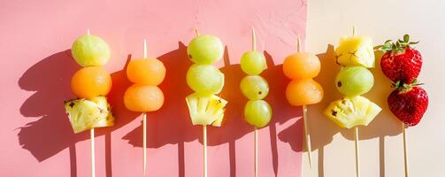 Colorful rainbow fruit skewers with strawberries, grapes, pineapple, and melon balls. photo