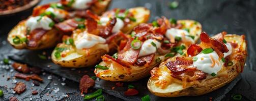 Classic pub-style potato skins loaded with cheese, bacon, and sour cream. photo