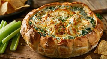 Spinach and artichoke dip served in a bread bowl with tortilla chips and celery sticks. photo