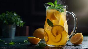 Tart and tangy lemonade with lemon slices and fresh mint sprigs in a pitcher. photo