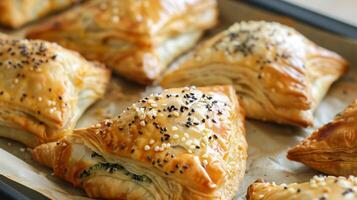 Savory spinach and feta cheese pastries, shaped into triangles and baked to perfection. photo