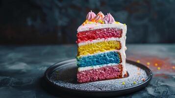Vibrant rainbow cake with layers of brightly colored cake and vanilla frosting. photo