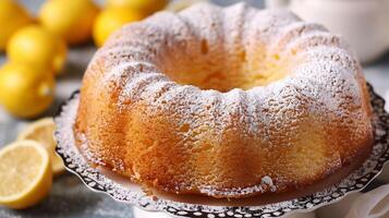Light and airy chiffon cake with a hint of lemon flavor, dusted with powdered sugar. photo