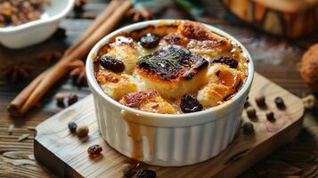 Warm bread pudding with raisins and a bourbon caramel sauce, served in a ramekin. photo