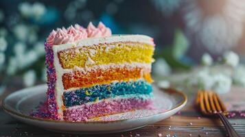 Vibrant rainbow cake with layers of brightly colored cake and vanilla frosting. photo