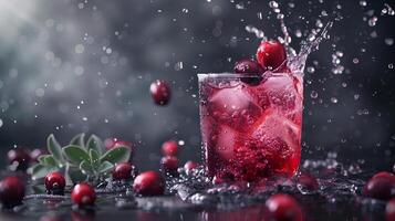 Tart cranberry juice with a splash of soda water and fresh cranberries for garnish. photo