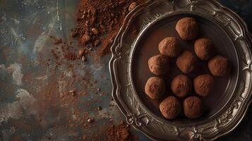Velvety chocolate truffles dusted with cocoa powder and arranged on a silver platter. photo