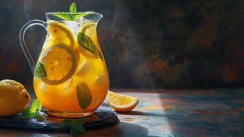 Tart and tangy lemonade with lemon slices and fresh mint sprigs in a pitcher. photo