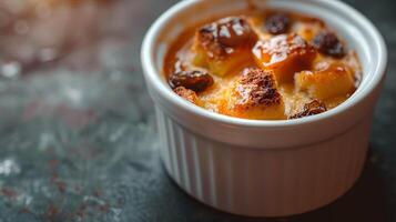Warm bread pudding with raisins and a bourbon caramel sauce, served in a ramekin. photo