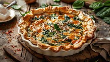 Spinach and mushroom quiche with a flaky pastry crust, served in a pie dish. photo