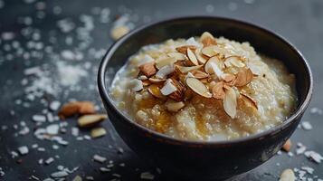 Quinoa porridge topped with sliced almonds, coconut flakes, and a drizzle of maple syrup. photo
