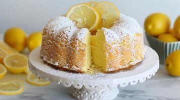Light and airy chiffon cake with a hint of lemon flavor, dusted with powdered sugar. photo
