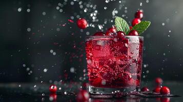 Tart cranberry juice with a splash of soda water and fresh cranberries for garnish. photo