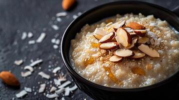 Quinoa porridge topped with sliced almonds, coconut flakes, and a drizzle of maple syrup. photo
