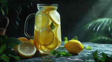 Tart and tangy lemonade with lemon slices and fresh mint sprigs in a pitcher. photo
