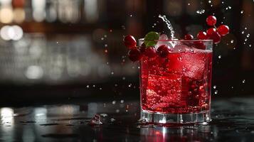 Tart cranberry juice with a splash of soda water and fresh cranberries for garnish. photo