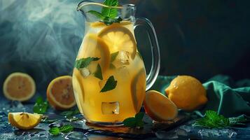 Tart and tangy lemonade with lemon slices and fresh mint sprigs in a pitcher. photo