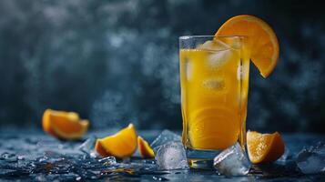 Tall glass of freshly squeezed orange juice with ice cubes and a slice of orange on the rim. photo