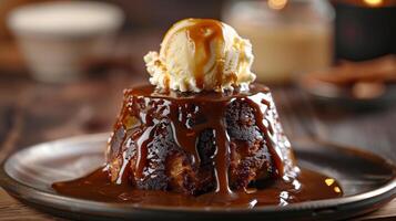 Sticky toffee pudding topped with warm toffee sauce and a scoop of vanilla ice cream. photo
