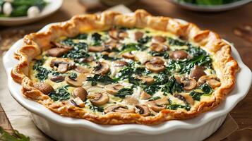 Spinach and mushroom quiche with a flaky pastry crust, served in a pie dish. photo