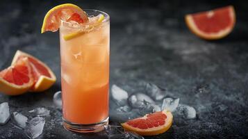 Tangy grapefruit juice served over ice in a highball glass with a grapefruit twist. photo